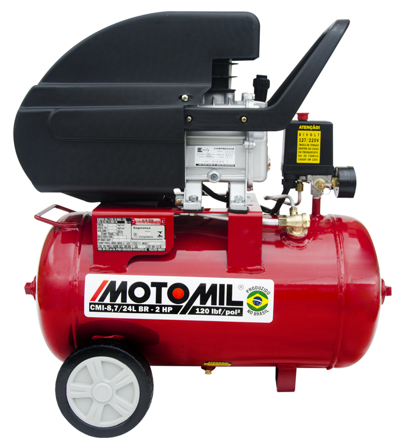 compressor-87-24l-motomil.png Compressor 8,7/24L CMI-8,7/24BR 120 Psi Bivolt 127/220V 2HP 378119 - Motomil - Imagem 1